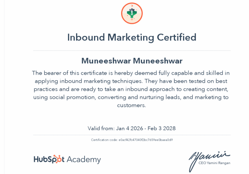 hubspot inbond marketing certificate by muni digital marketing