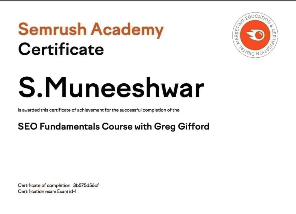 semrush certificate by muni digital marketing